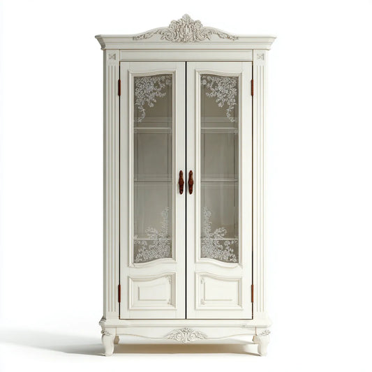 Szafa z 2 białymi drzwiami z kości słoniowej ze szkła ozdobione 110 x 55 x 210 cm w MDF i hartowane szkło