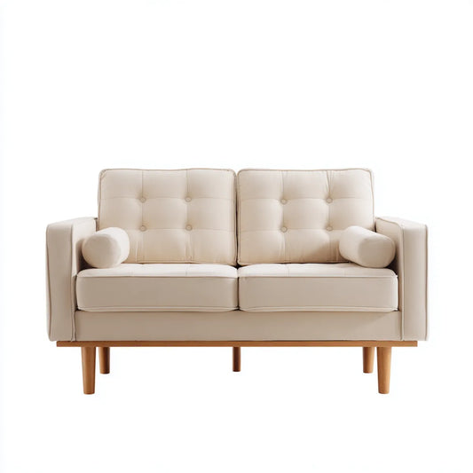 Sofa, 2-osobowa kanapa krem 140 x 80 x 85 cm tapicerka poliestrowa z litych nóg z drewna